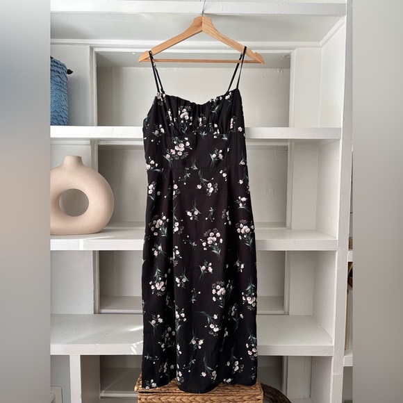 NWT** Commense Floral Black Midi Dress Y2K Ruched Peasant Milkmaid Large - Picture 2 of 7